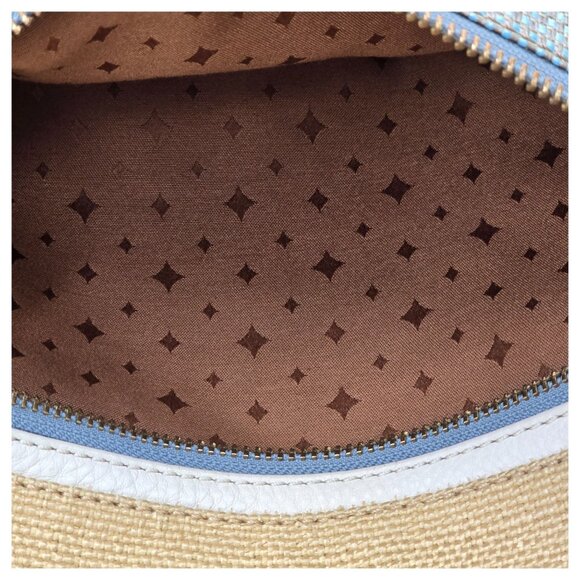 FOSSIL Explorer Woven Straw Triple Zip Hipster Crossbody Handbag Blue Beige EUC - Picture 15 of 16